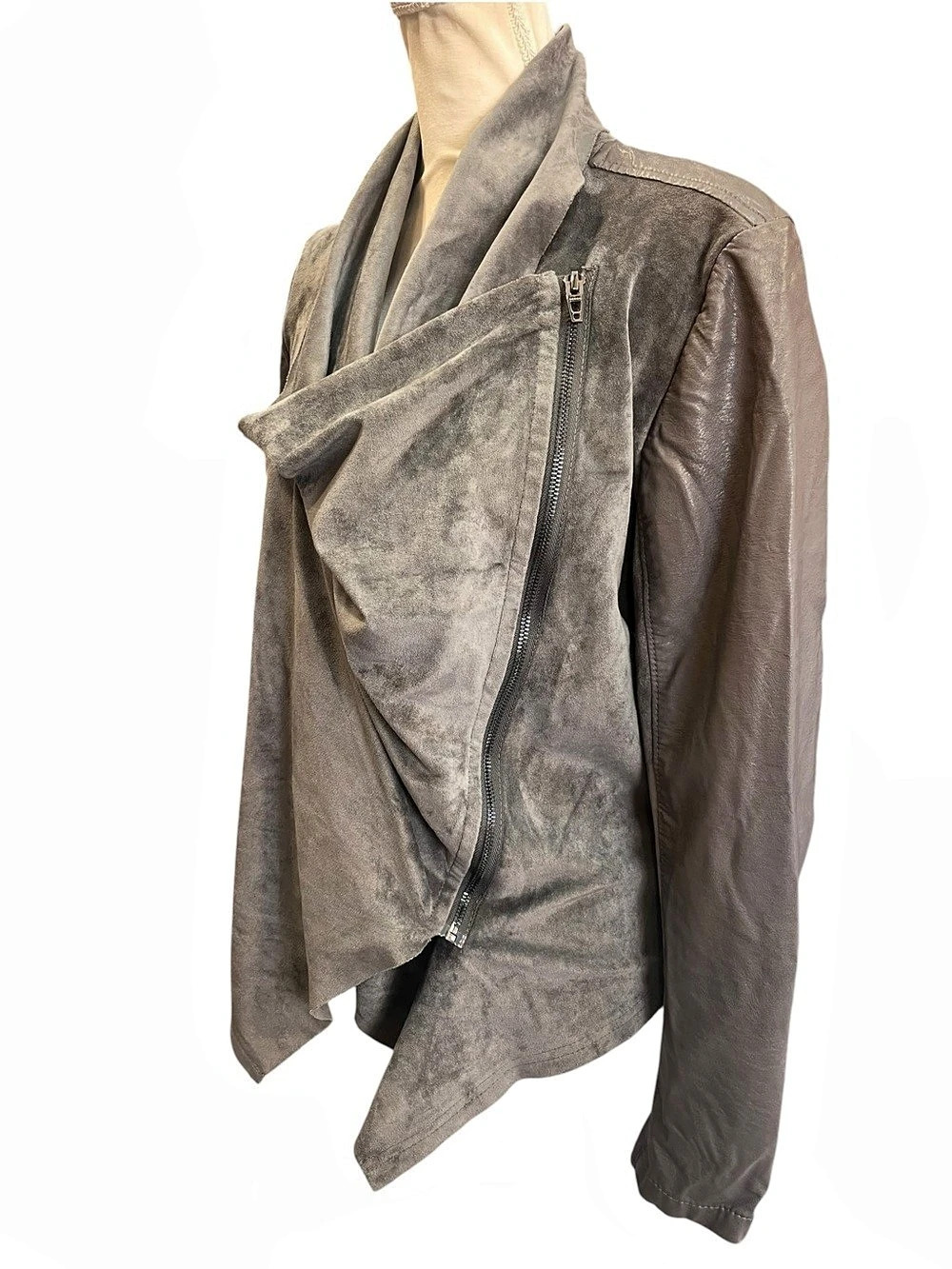 BLANKNYC Gray Faux Suede Leather Drape Front Moto Jacket Medium Asymmetrical - Picture 3 of 14